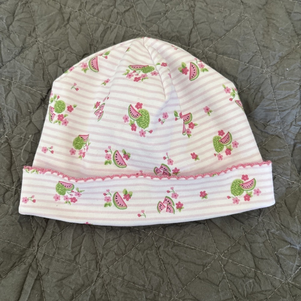 Kissy Kissy NWT Pima Cotton Watermelon Stripe Crochet Edged Hat Small 0-3 3-6 Mo